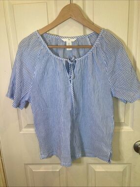 H&M Light Blue and White Striped Tie-Front Tunic